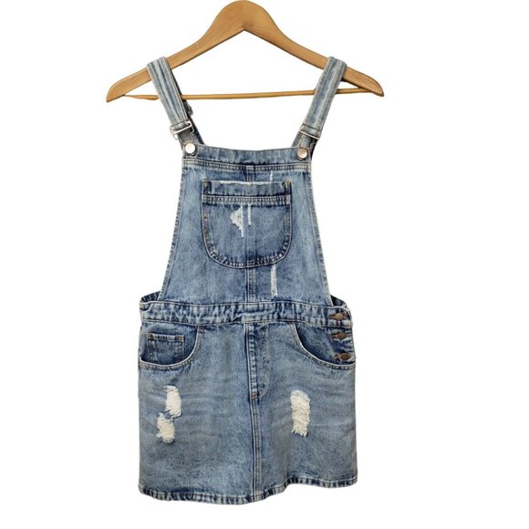 F21 Distressed Denim Overall Jumper Dress Pockets Light Blue MIni Size M - Picture 2 of 12